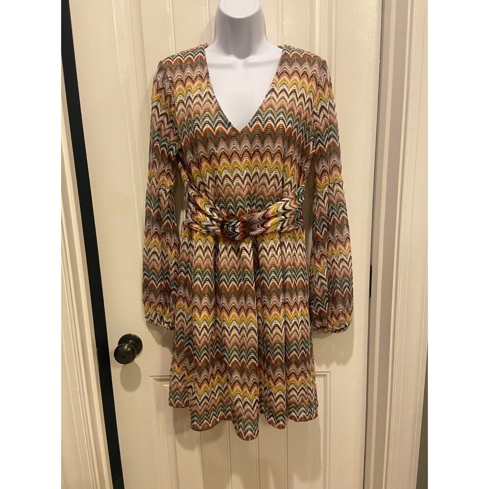 Boston Proper V-Neck Multi-Color Chevron Dress with Belt- 10